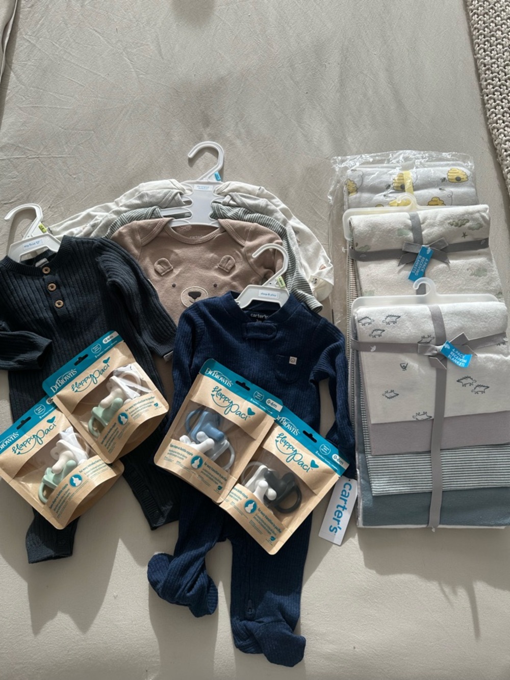 INFANT ONESIES, PACIFIERS, BLANKETS